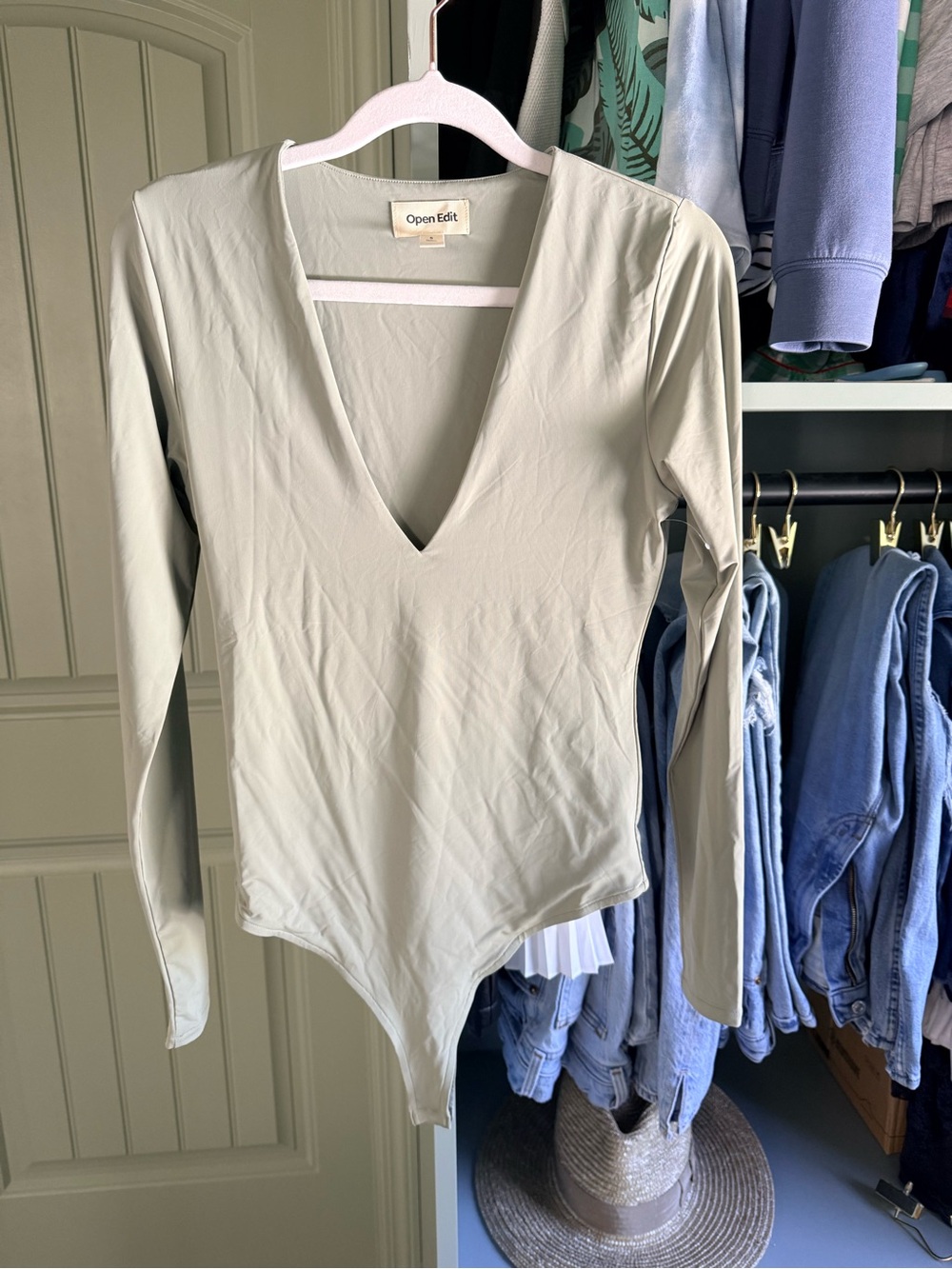 Open Edit Sage Green Long-Sleeve V-Neck Bodysuit